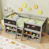 Cama semialta individual para niños con rampa de pizarra, escalera y estanterías