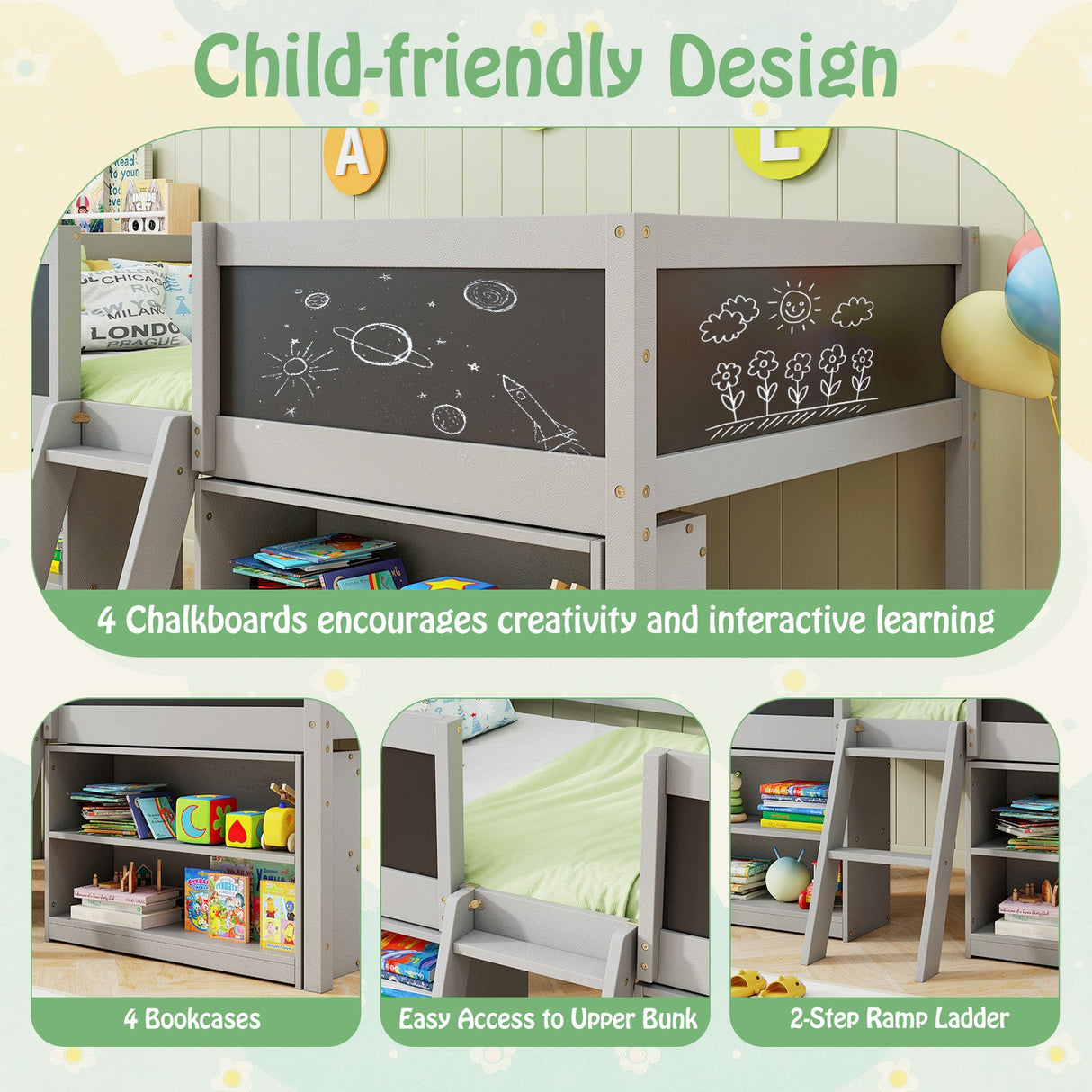 Cama semialta individual para niños con rampa de pizarra, escalera y estanterías