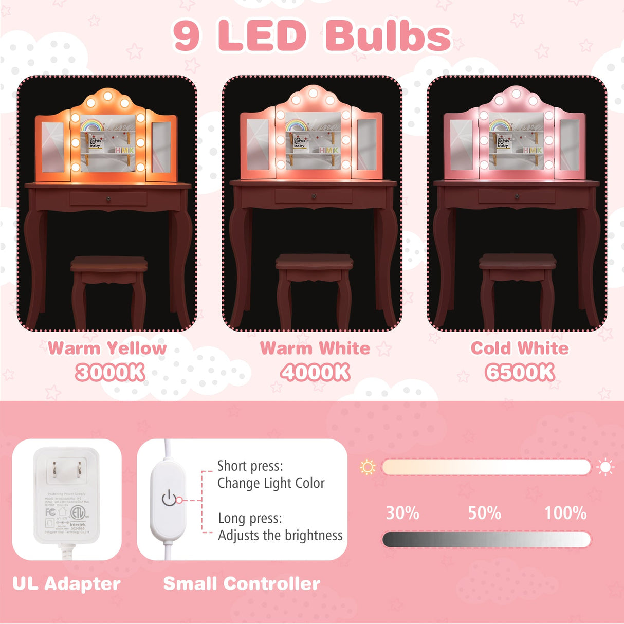 Juego de tocador con taburete para niños con espejo de tres pliegues y luces LED de 3 colores
