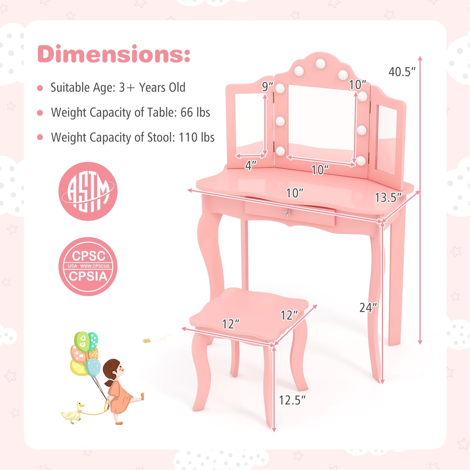 Juego de tocador con taburete para niños con espejo de tres pliegues y luces LED de 3 colores