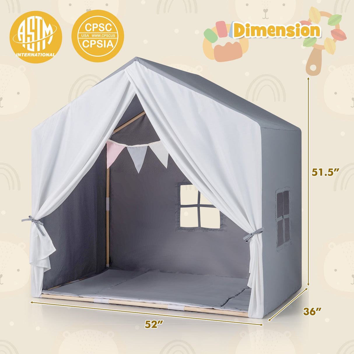Tienda de juegos infantil con alfombrilla de algodón lavable y guirnalda de banderines