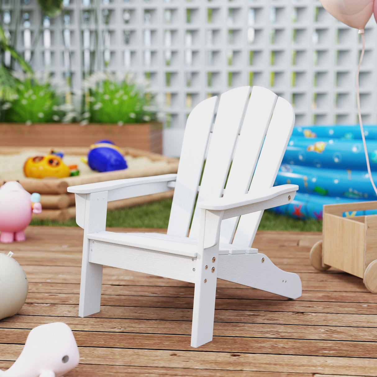 Sillón Adirondack para niños de HDPE para todo clima con respaldo alto y apoyabrazos - Blanco