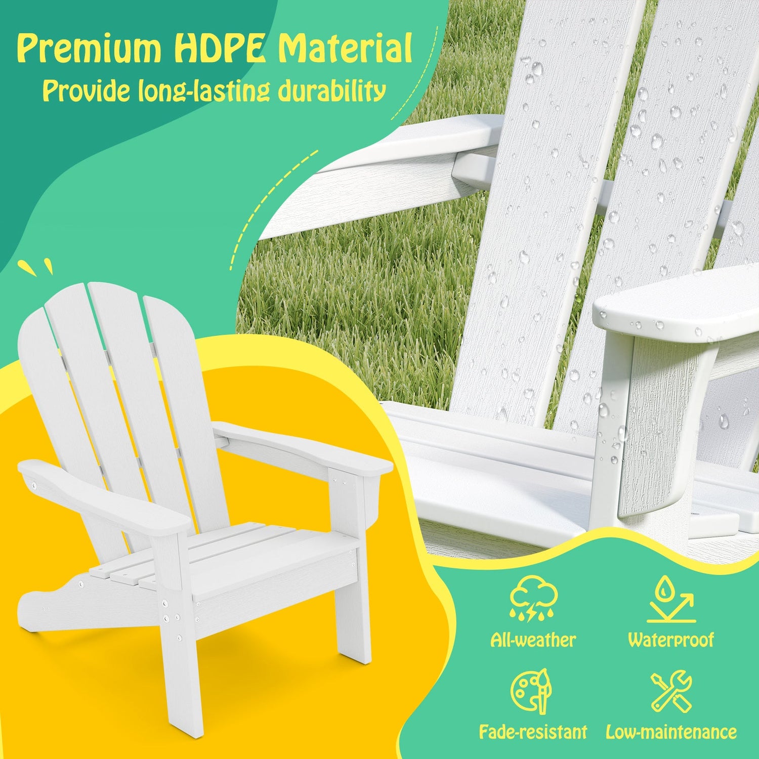 Sillón Adirondack para niños de HDPE para todo clima con respaldo alto y apoyabrazos - Blanco