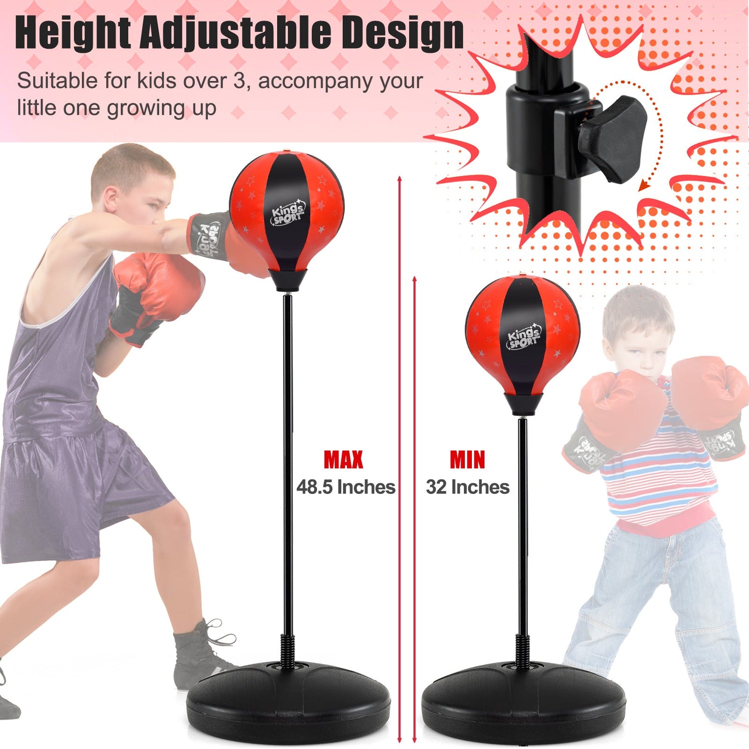 Juego de juguete de saco de boxeo de pie ajustable para niños con guantes de boxeo