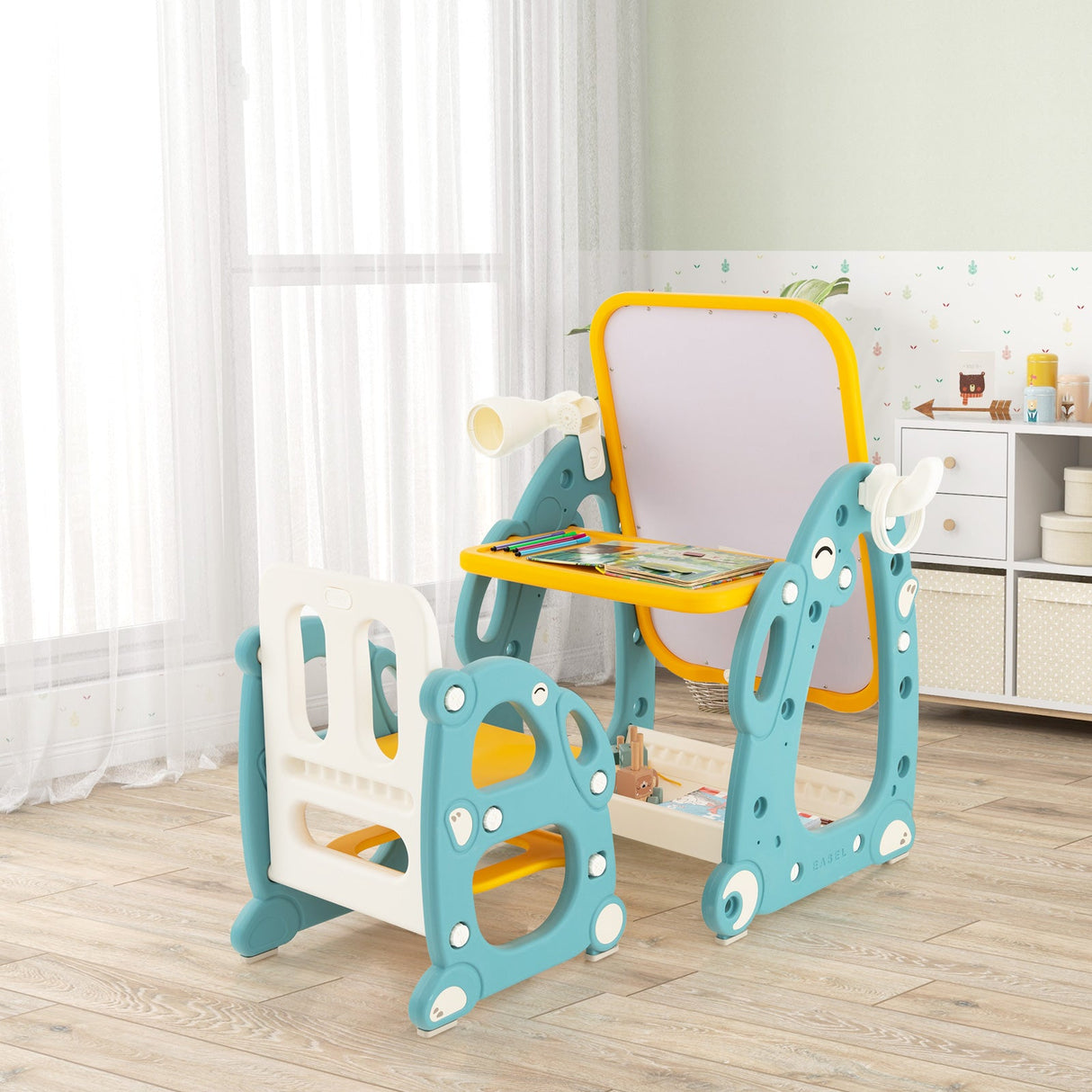 Caballete de arte infantil con silla y pizarra ajustable de 3 niveles - Multicolor