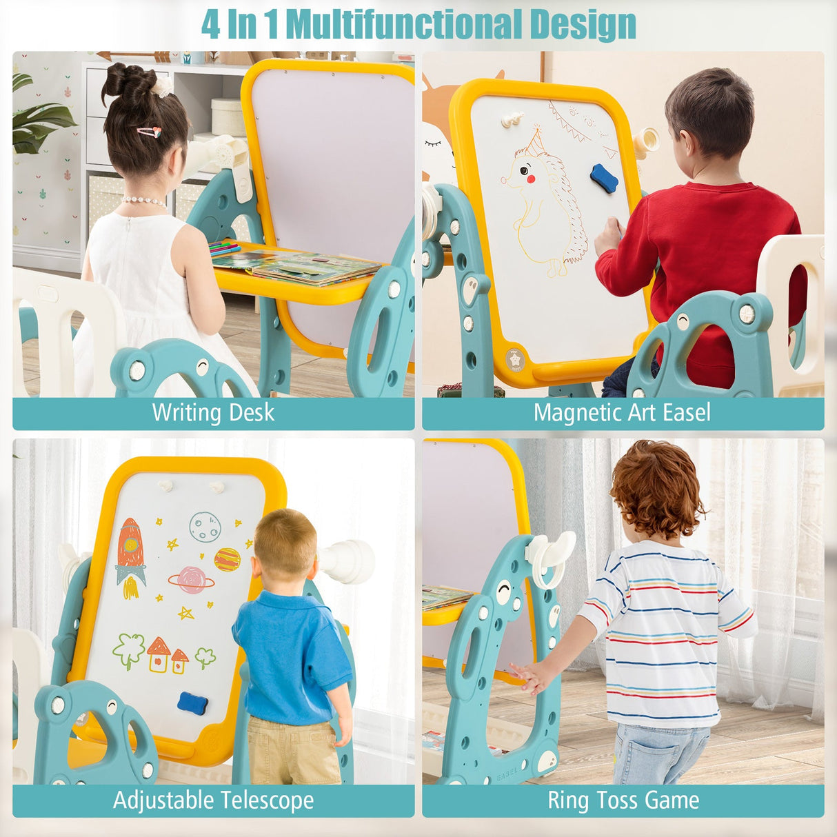 Caballete de arte infantil con silla y pizarra ajustable de 3 niveles - Multicolor