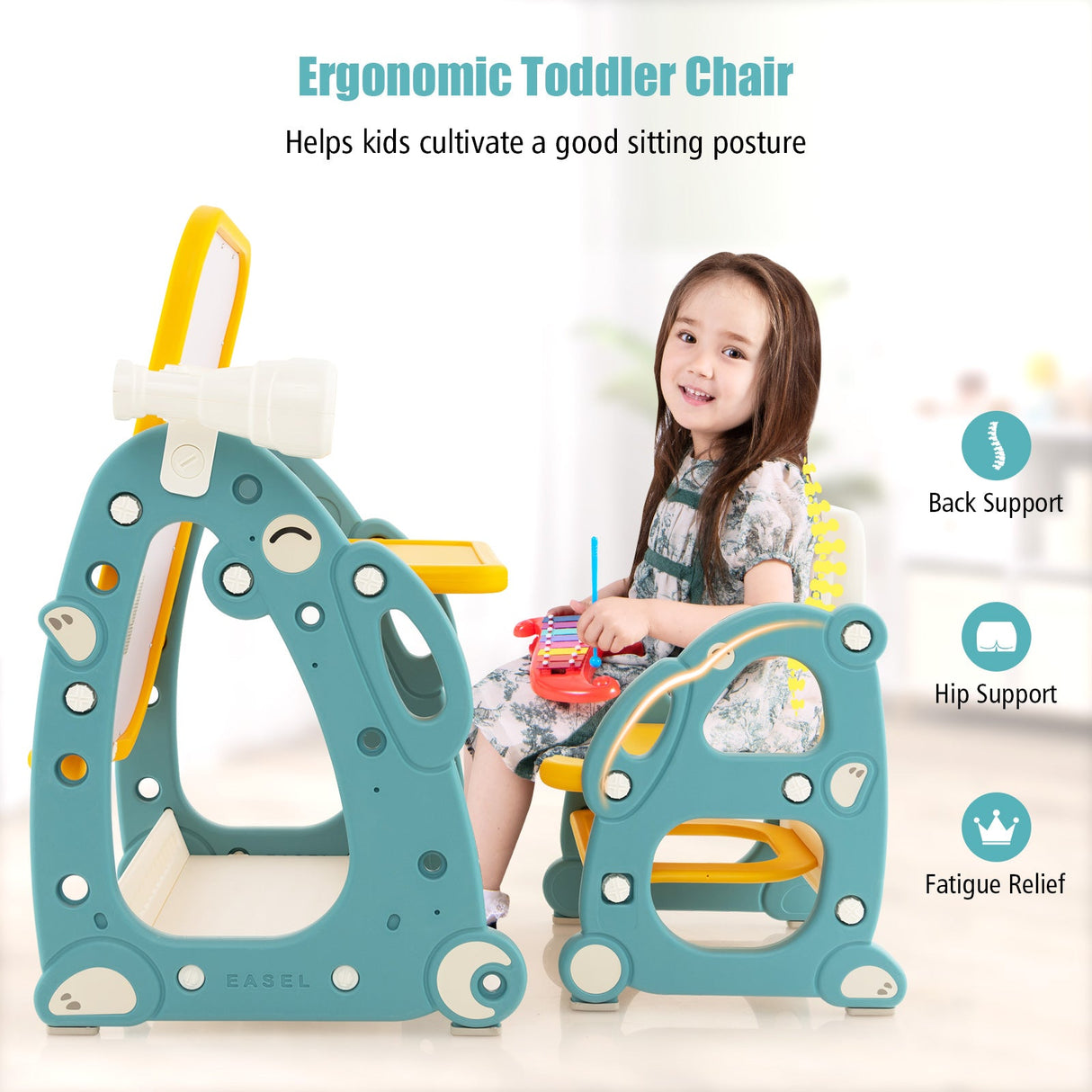 Caballete de arte infantil con silla y pizarra ajustable de 3 niveles - Multicolor
