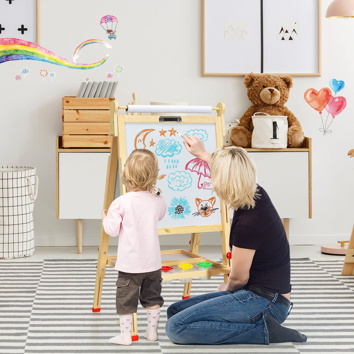 Caballete de arte para niños con rollo de papel, doble cara, caballete de dibujo regulable
