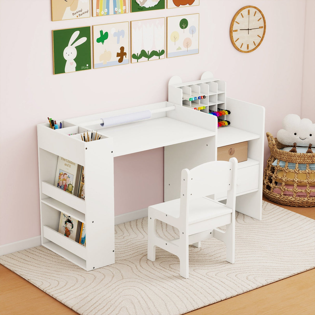 Mesa y sillas de arte para niños con soporte desmontable para rollo de papel y gabinete