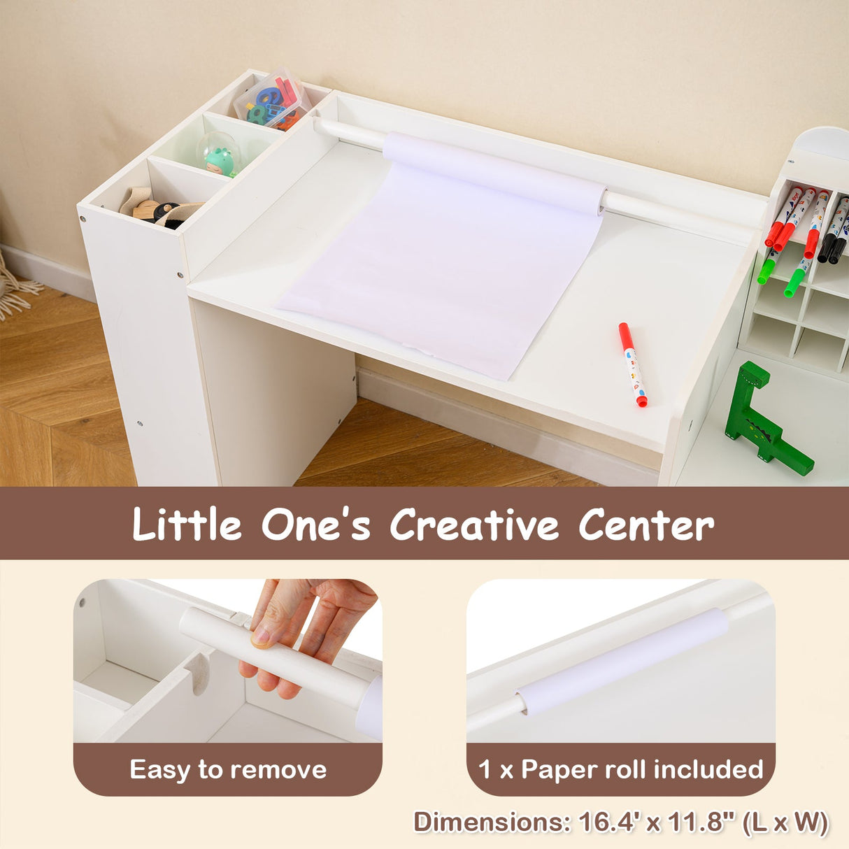 Mesa y sillas de arte para niños con soporte desmontable para rollo de papel y gabinete