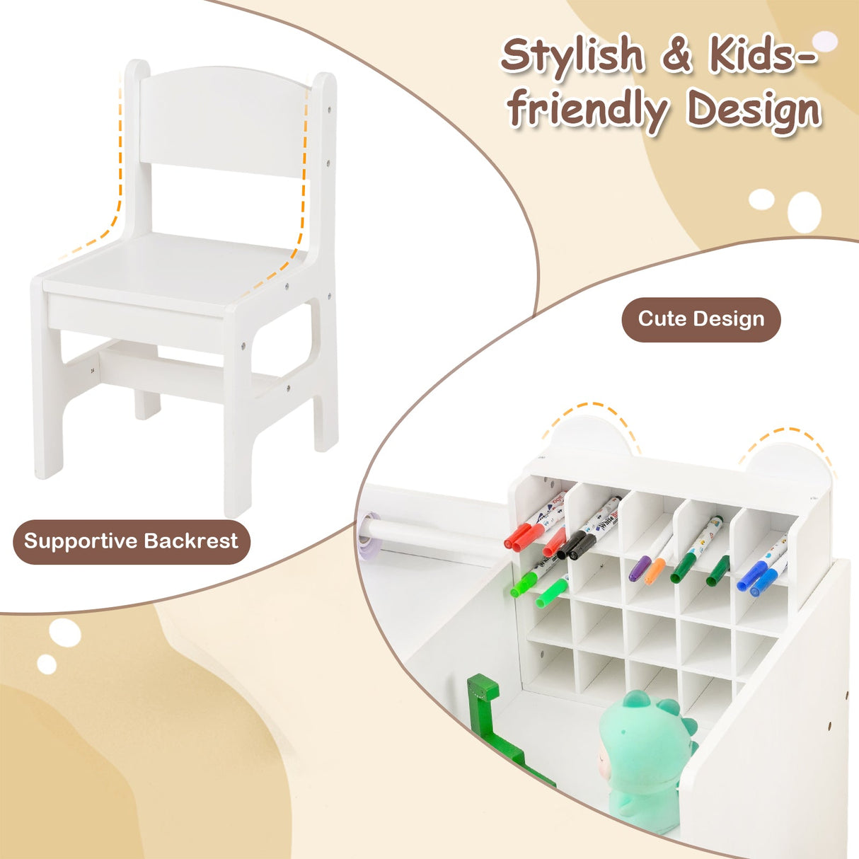 Mesa y sillas de arte para niños con soporte desmontable para rollo de papel y gabinete