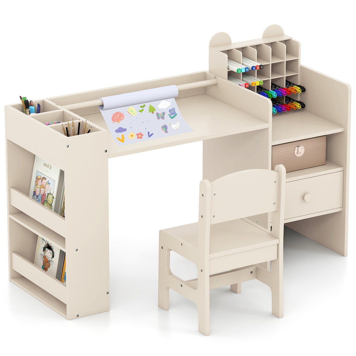 Mesa y sillas de arte para niños con soporte desmontable para rollo de papel y gabinete