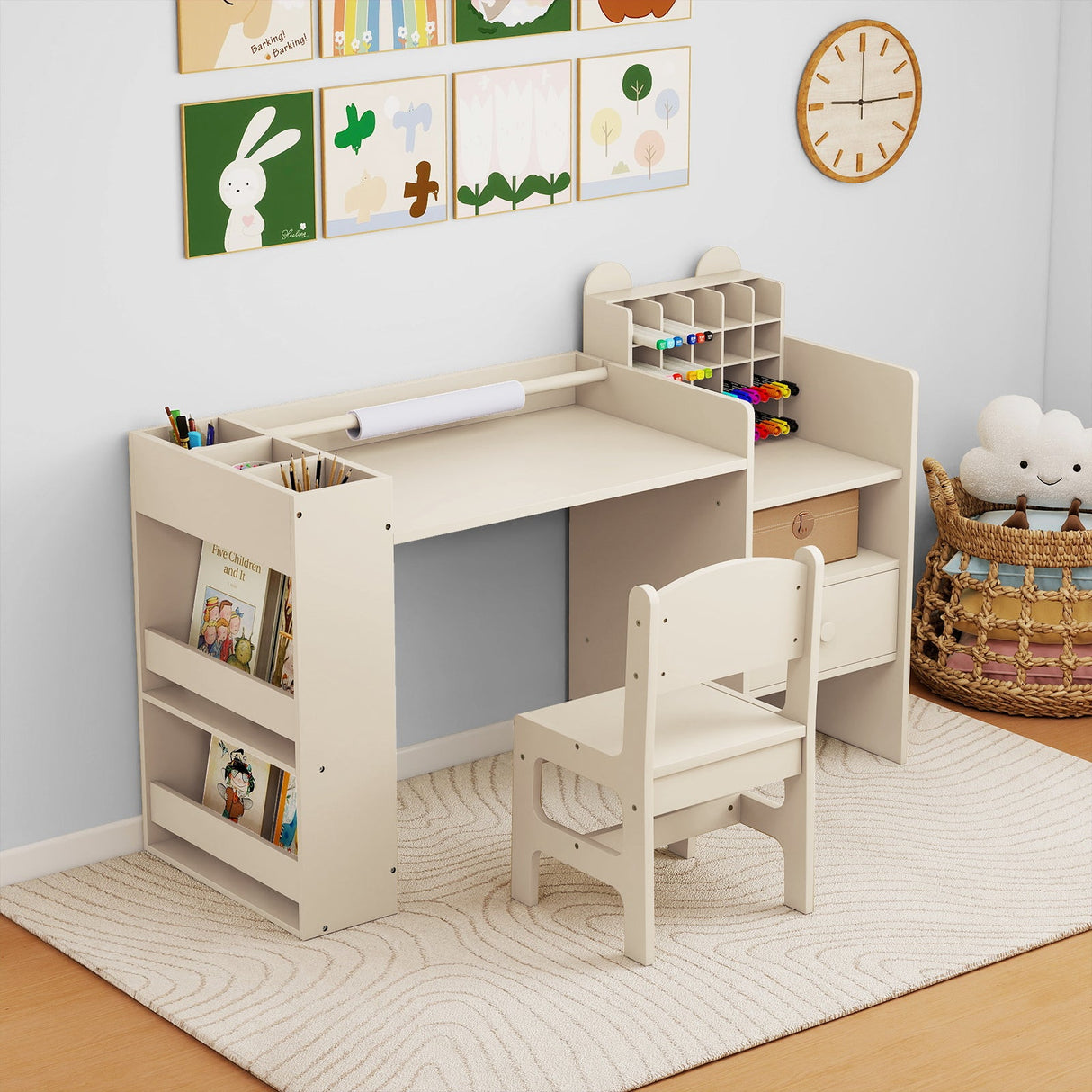 Mesa y sillas de arte para niños con soporte desmontable para rollo de papel y gabinete