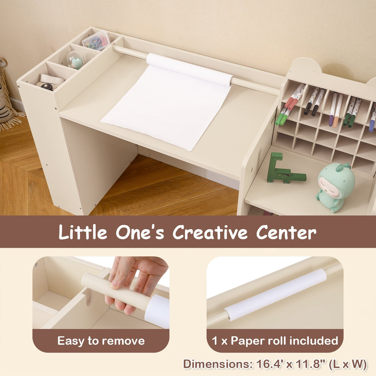 Mesa y sillas de arte para niños con soporte desmontable para rollo de papel y gabinete