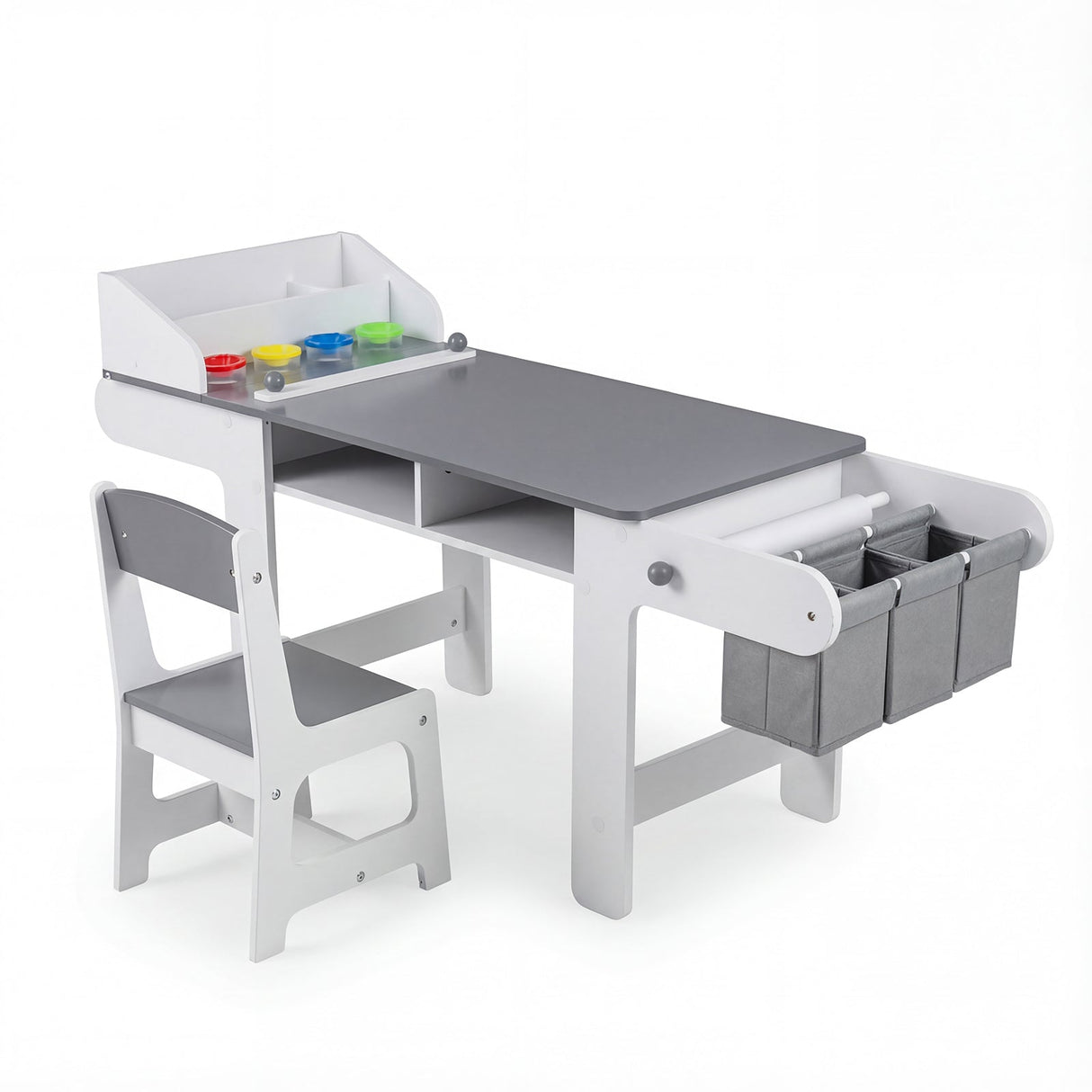 Mesa y silla de arte para niños con rollo de papel y cajones de tela para dibujar, leer, estudiar, jugar - Gris