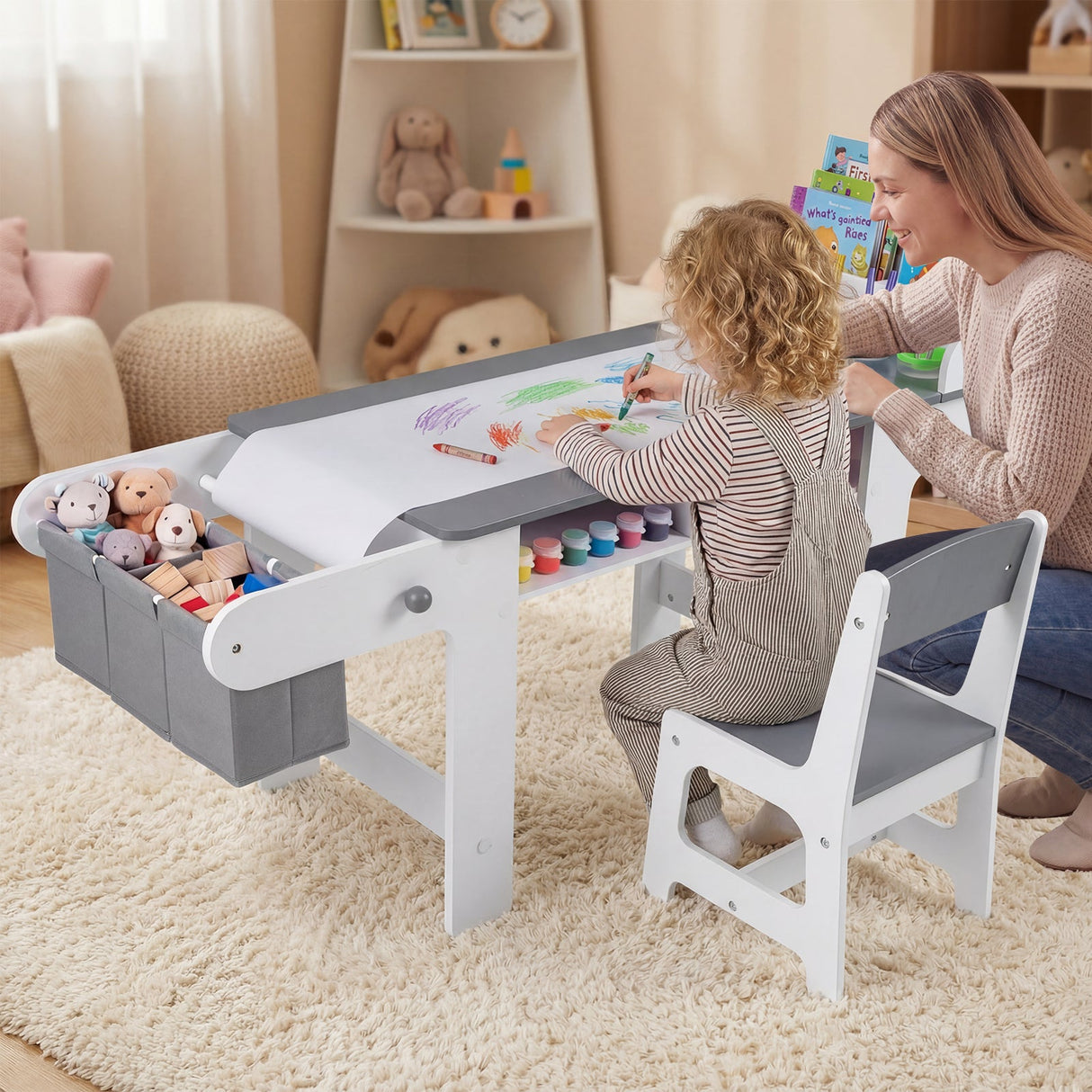 Mesa y silla de arte para niños con rollo de papel y cajones de tela para dibujar, leer, estudiar, jugar - Gris
