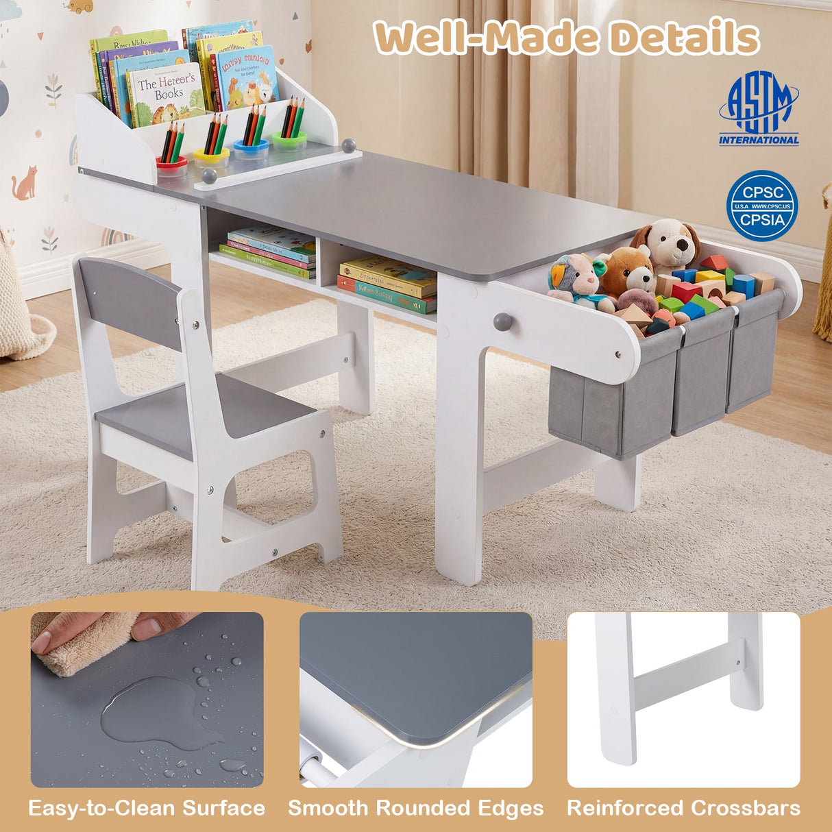 Mesa y silla de arte para niños con rollo de papel y cajones de tela para dibujar, leer, estudiar, jugar - Gris