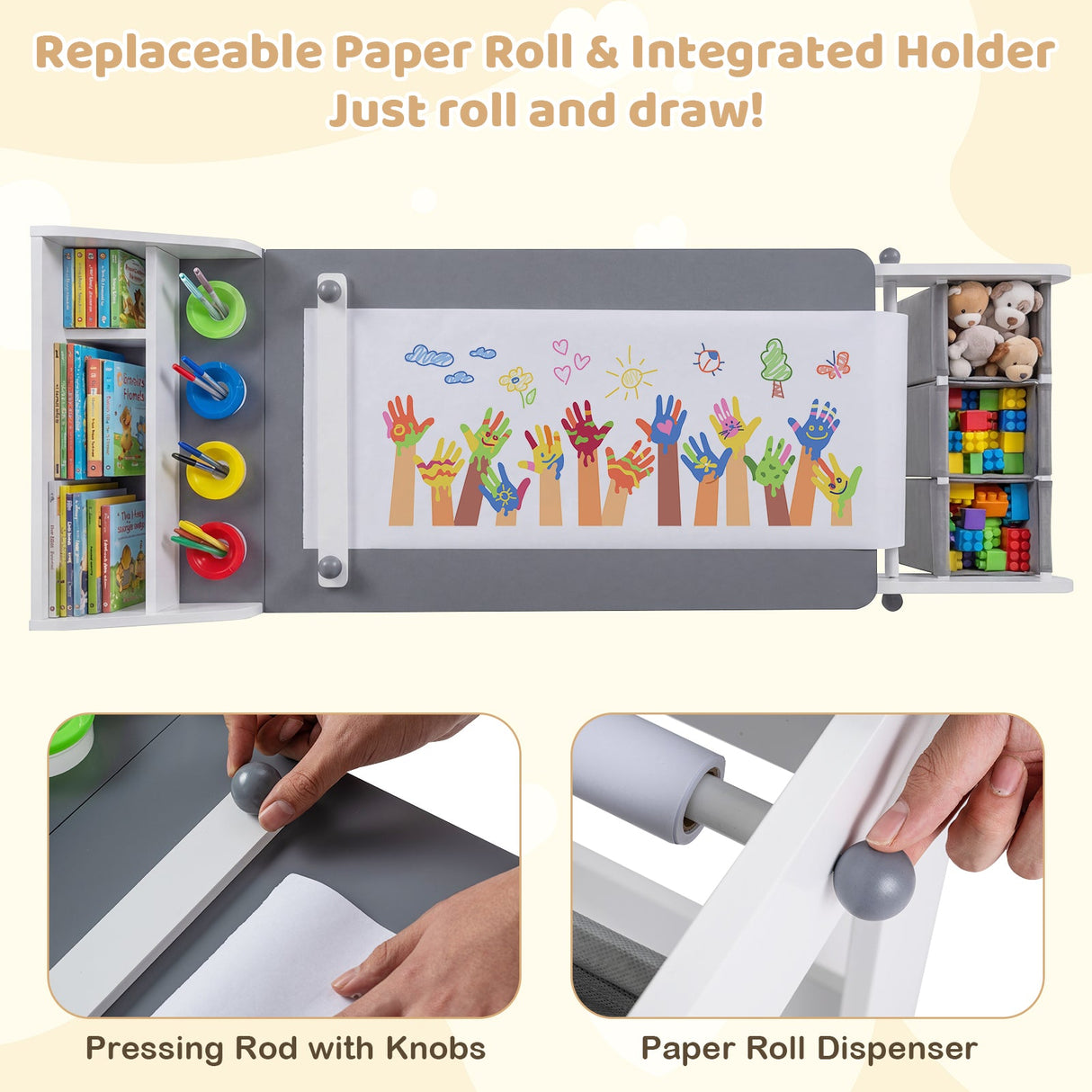Mesa y silla de arte para niños con rollo de papel y cajones de tela para dibujar, leer, estudiar, jugar - Gris