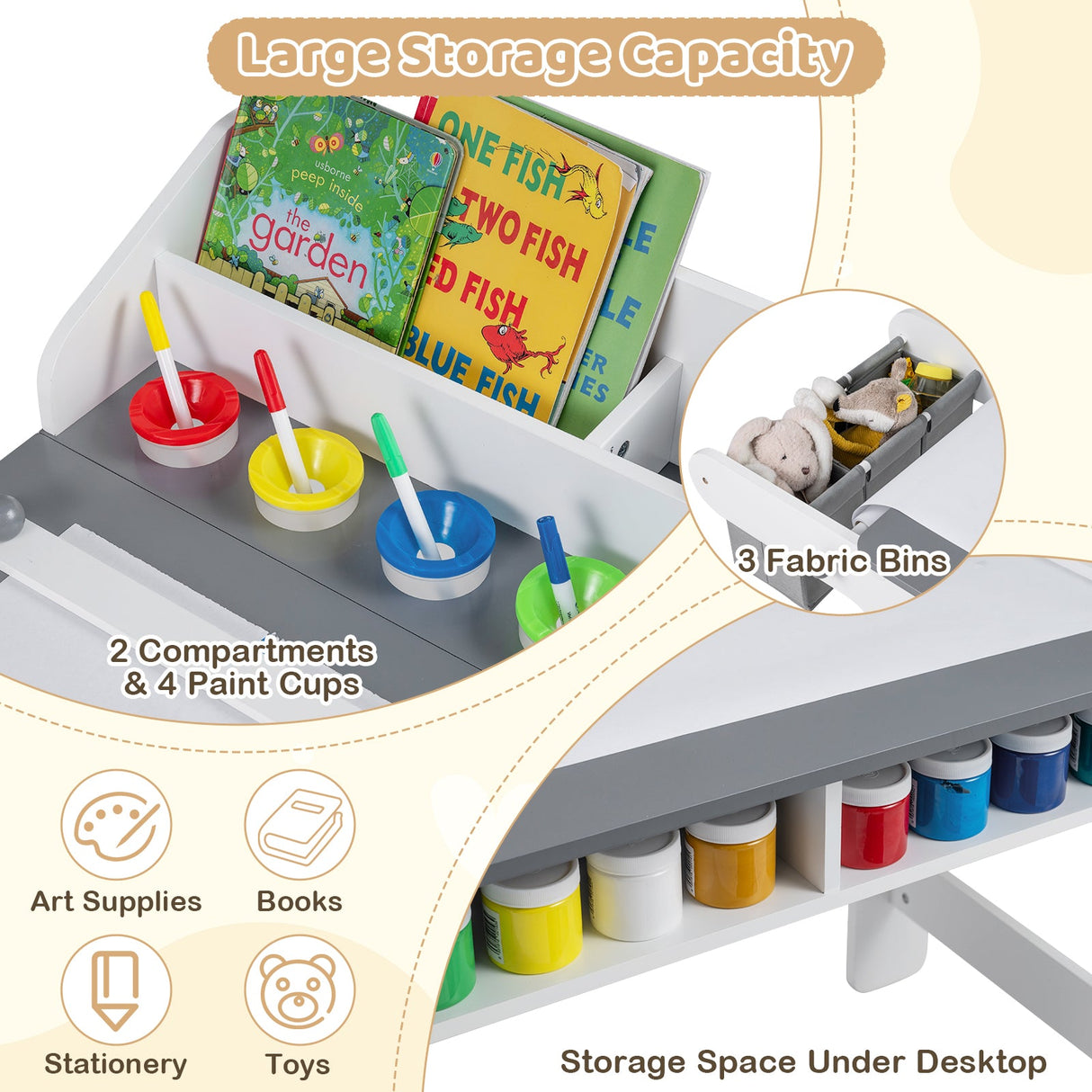 Mesa y silla de arte para niños con rollo de papel y cajones de tela para dibujar, leer, estudiar, jugar - Gris