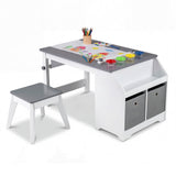 Juego de mesa y taburete de arte para niños, escritorio de actividades para niños pequeños con rollo de papel y 4 vasos de pintura para dibujar y aprender, color gris