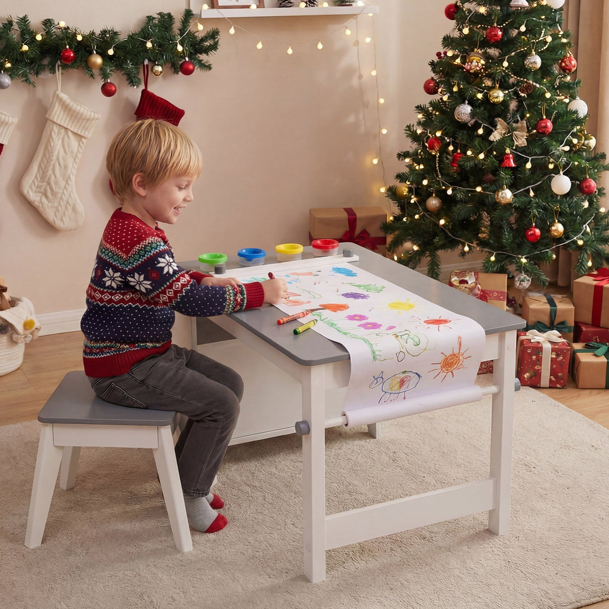 Juego de mesa y taburete de arte para niños, escritorio de actividades para niños pequeños con rollo de papel y 4 vasos de pintura para dibujar y aprender, color gris