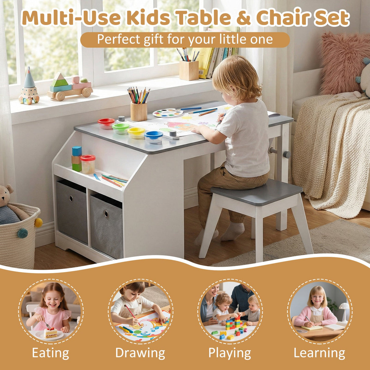 Juego de mesa y taburete de arte para niños, escritorio de actividades para niños pequeños con rollo de papel y 4 vasos de pintura para dibujar y aprender, color gris