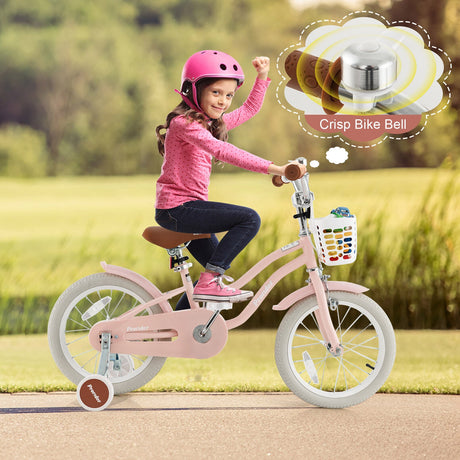 Bicicleta infantil de 16 pulgadas con freno de mano delantero y 2 ruedas de aprendizaje-Rosa