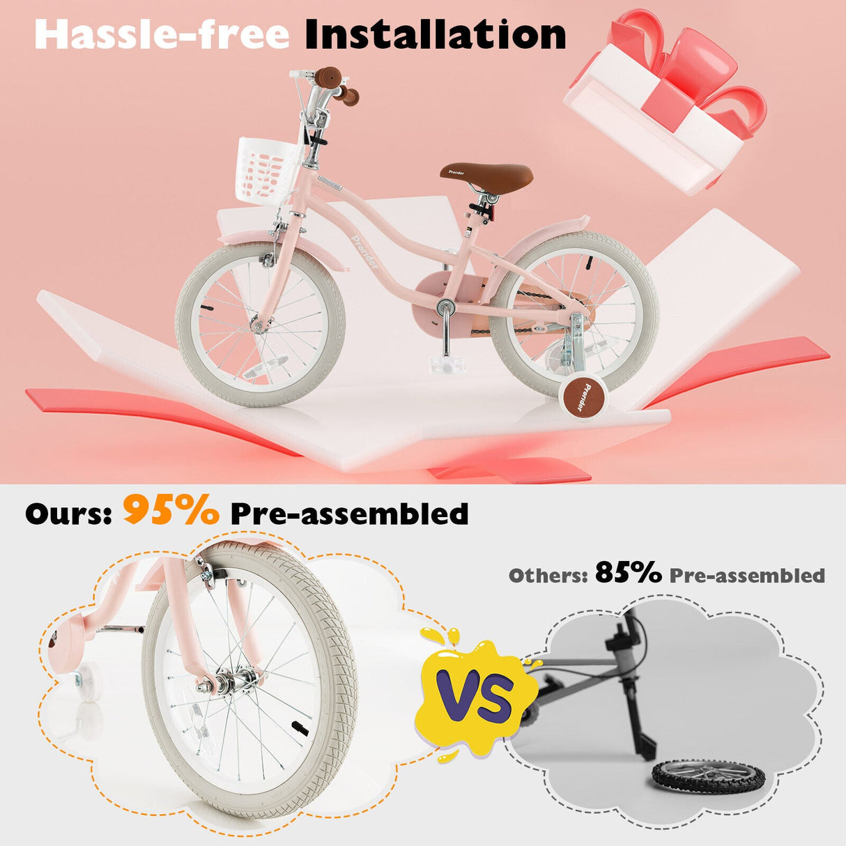 Bicicleta infantil de 16 pulgadas con freno de mano delantero y 2 ruedas de aprendizaje-Rosa