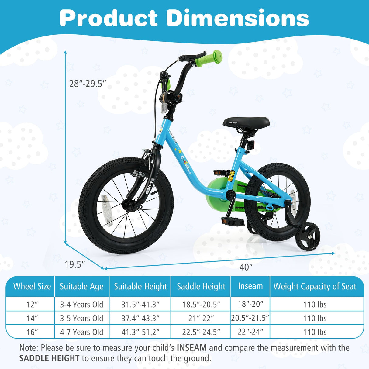 Bicicleta para niños y niñas de 3 a 7 años de 12/14/16 pulgadas, color azul