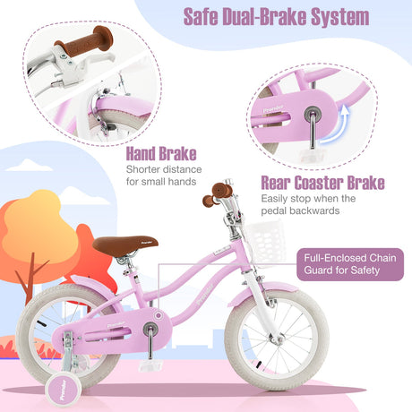 Bicicleta infantil de 14 pulgadas con ruedas de entrenamiento extraíbles y cesta - Morado