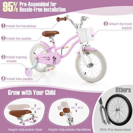 Bicicleta infantil de 14 pulgadas con ruedas de entrenamiento extraíbles y cesta - Morado