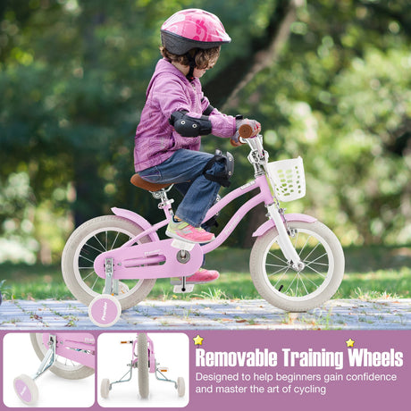 Bicicleta infantil de 14 pulgadas con ruedas de entrenamiento extraíbles y cesta - Morado