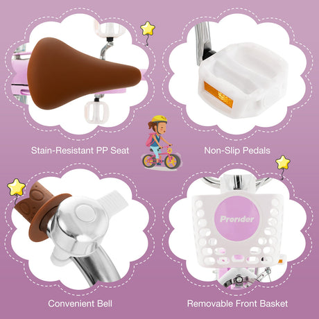 Bicicleta infantil de 14 pulgadas con ruedas de entrenamiento extraíbles y cesta - Morado