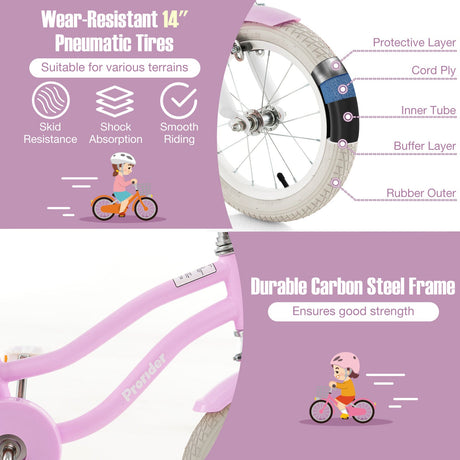 Bicicleta infantil de 14 pulgadas con ruedas de entrenamiento extraíbles y cesta - Morado