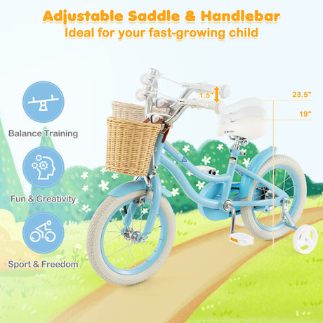 Bicicleta de 14 pulgadas para niños con ruedines y sillín y manillar ajustables