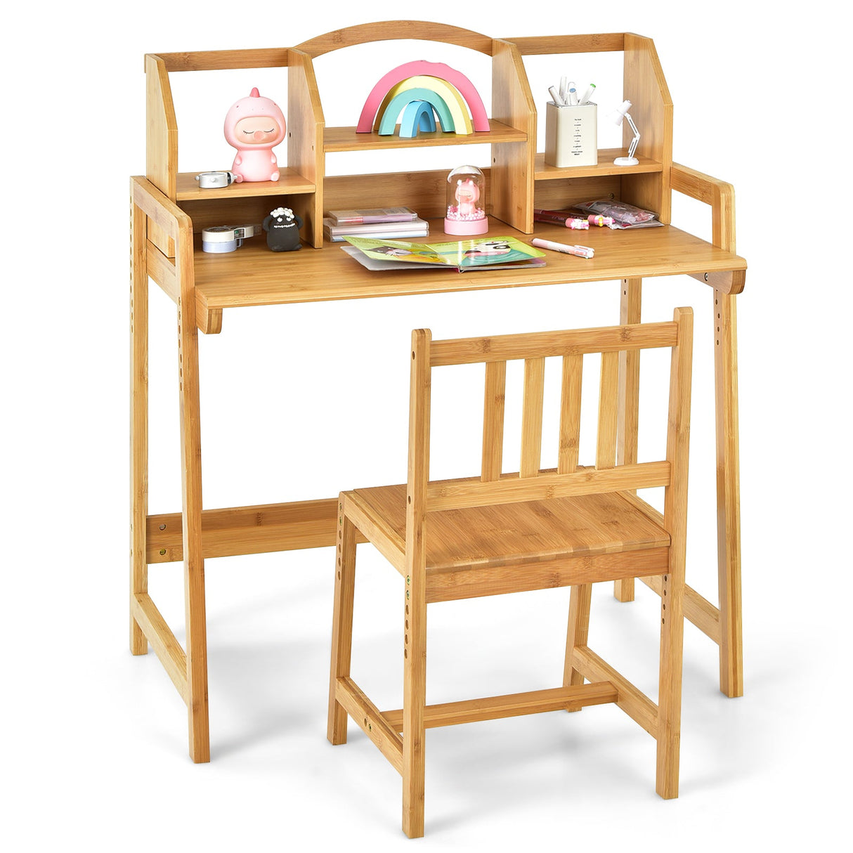 Juego de Escritorio y Silla de Estudio para Niños de Bambú con Estantería