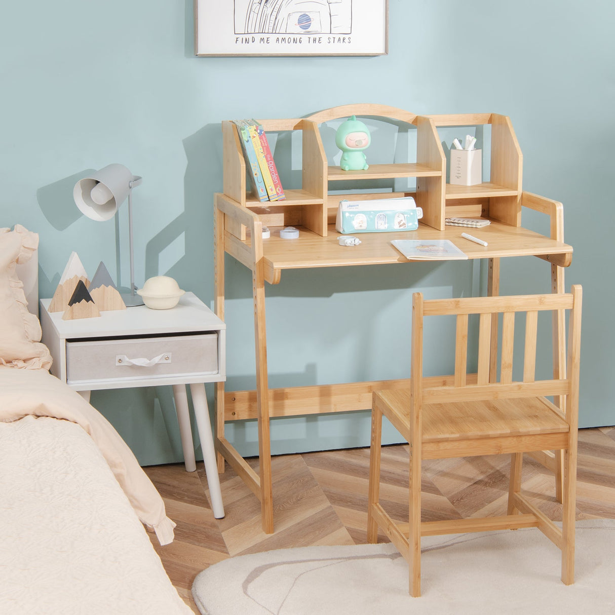 Juego de Escritorio y Silla de Estudio para Niños de Bambú con Estantería