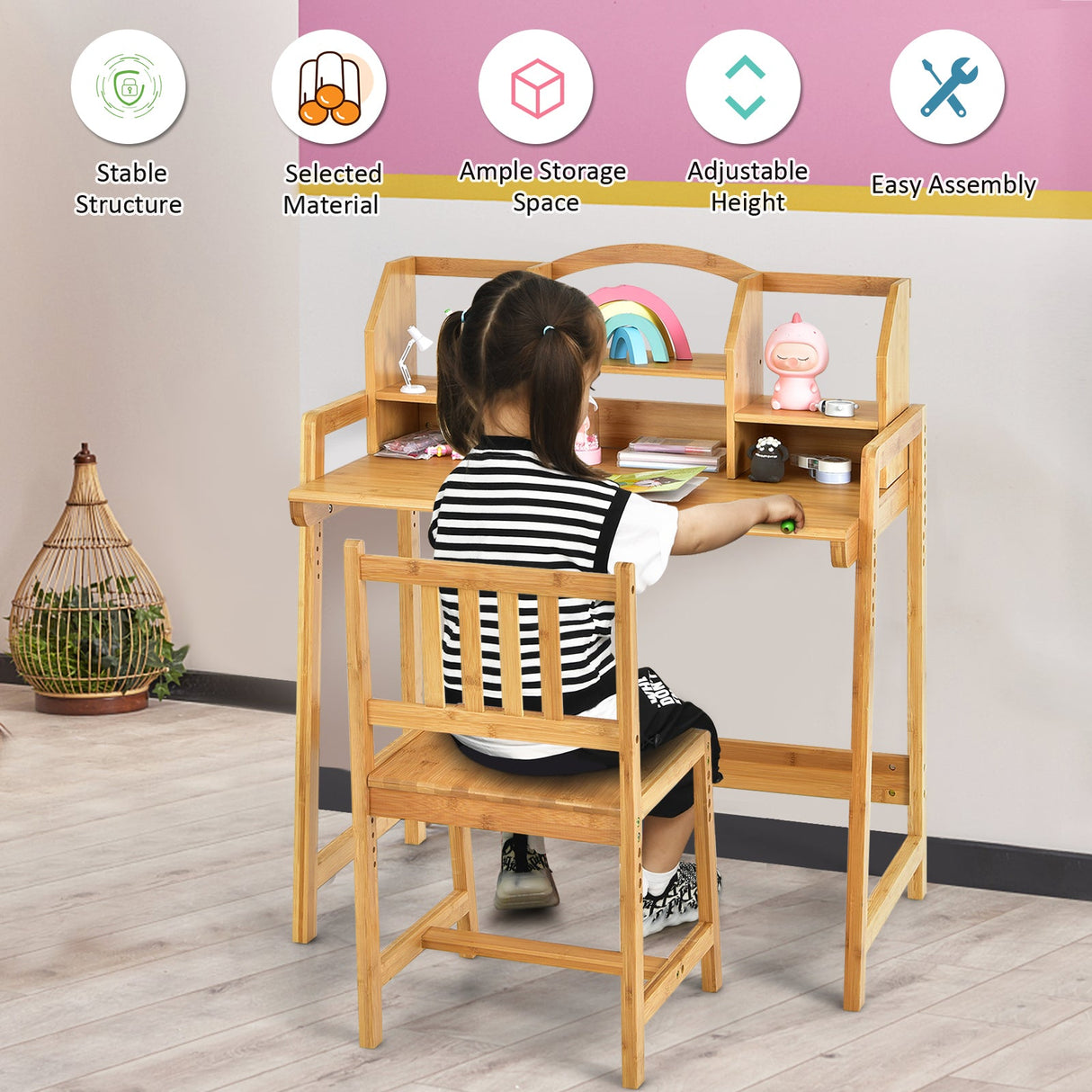 Juego de Escritorio y Silla de Estudio para Niños de Bambú con Estantería