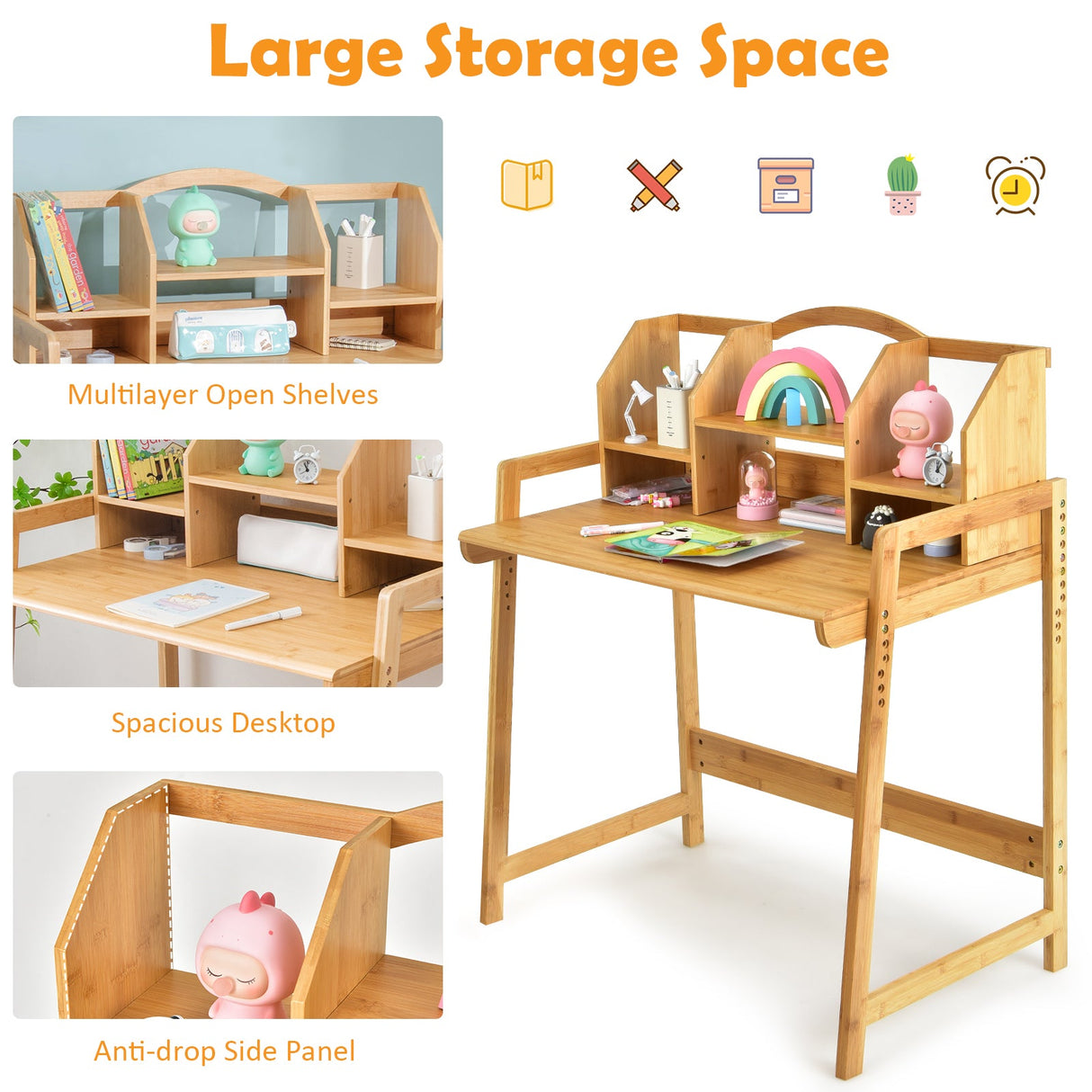 Juego de Escritorio y Silla de Estudio para Niños de Bambú con Estantería