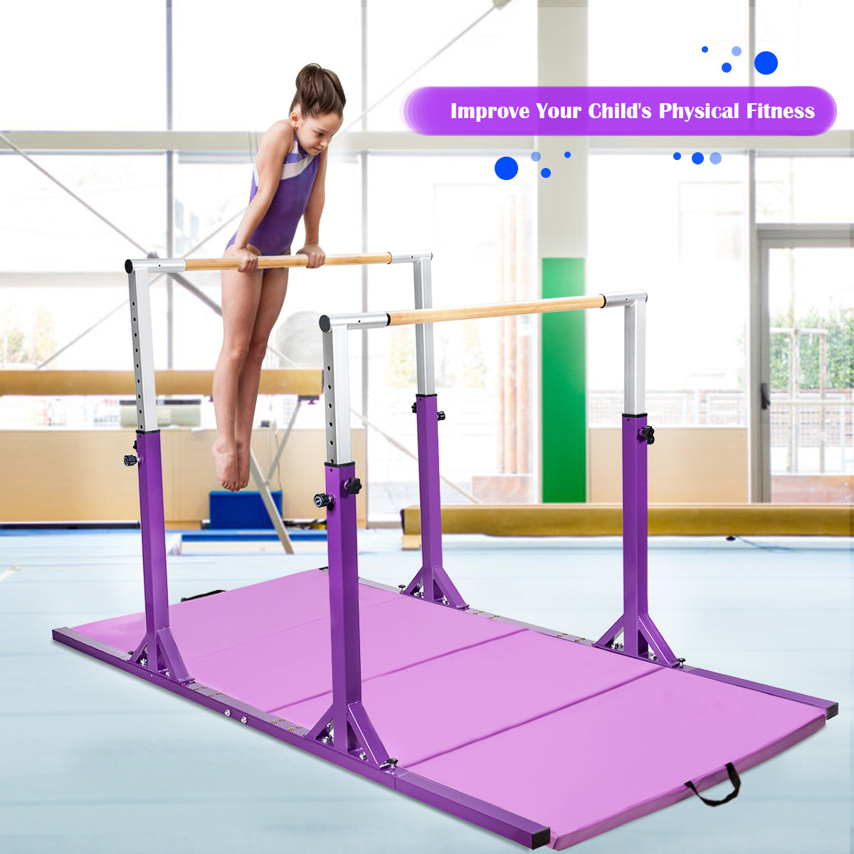 Barras Horizontales Dobles Infantiles Barras Paralelas Ajustables para Entrenamiento de Gimnasia - Morado