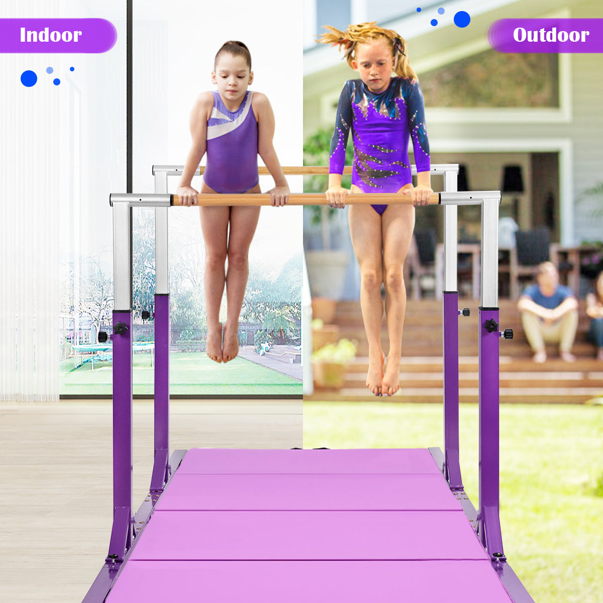 Barras Horizontales Dobles Infantiles Barras Paralelas Ajustables para Entrenamiento de Gimnasia - Morado