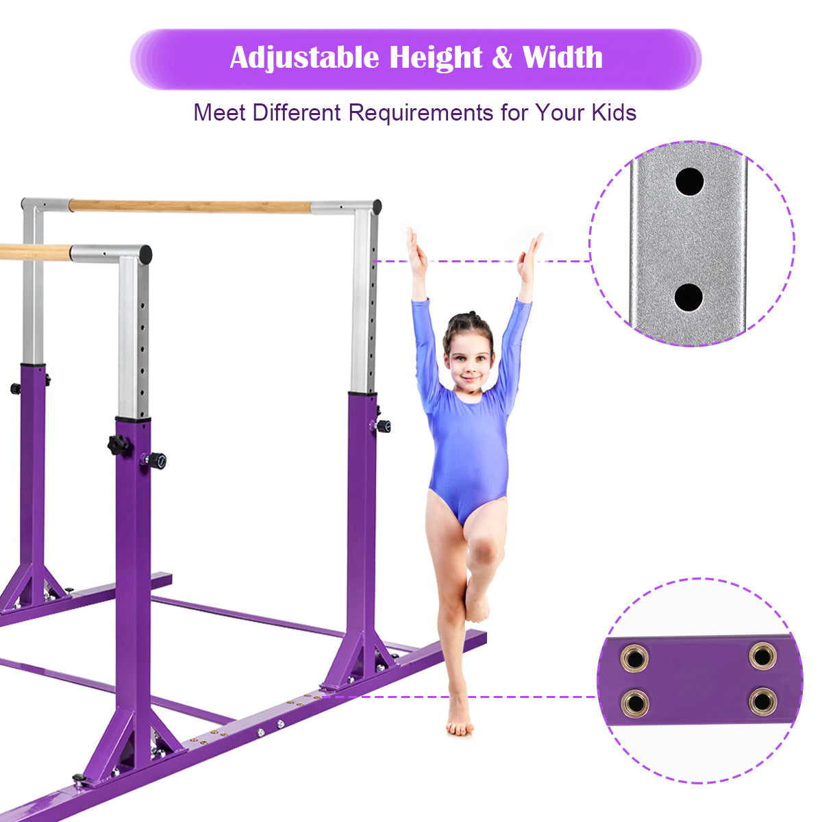 Barras Horizontales Dobles Infantiles Barras Paralelas Ajustables para Entrenamiento de Gimnasia - Morado