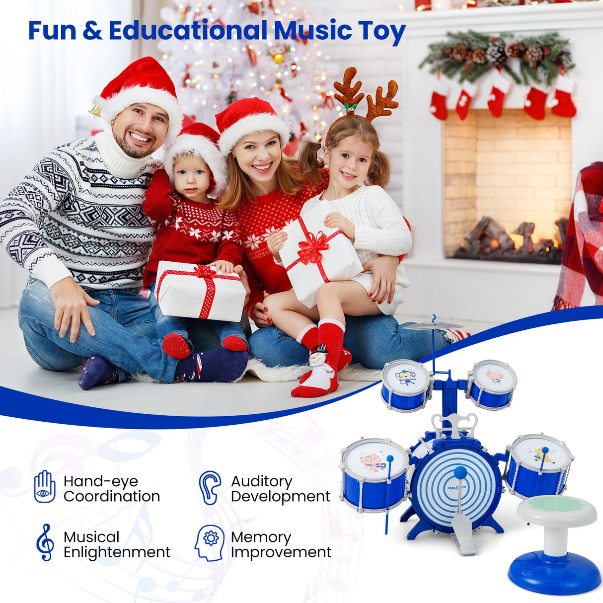 Batería para niños, instrumento musical de percusión educativo con bombo, azul