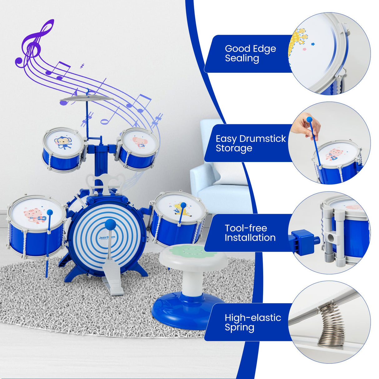Batería para niños, instrumento musical de percusión educativo con bombo, azul