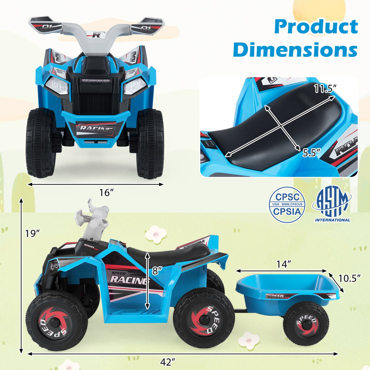 Coche quad eléctrico infantil de 6V con remolque desmontable