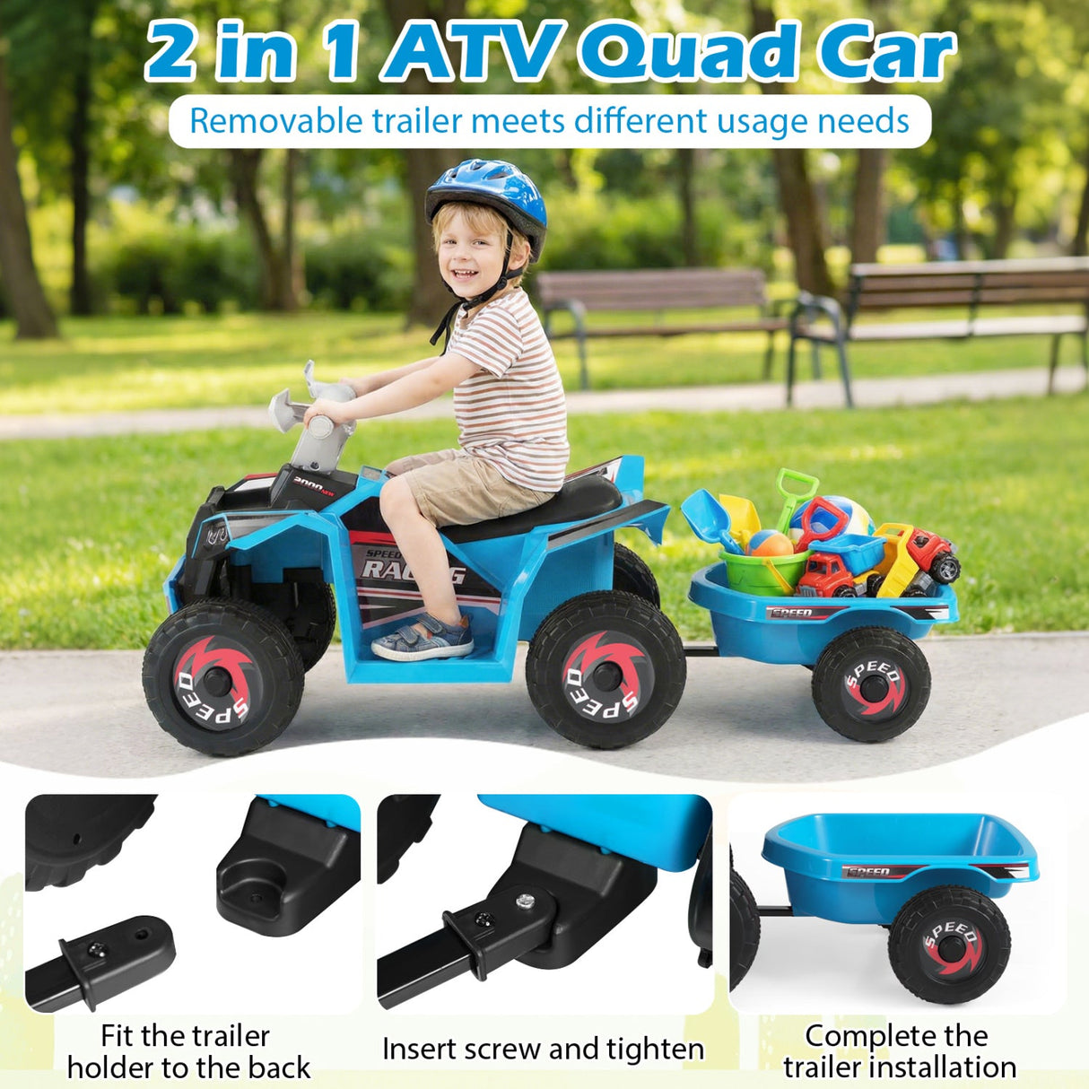 Coche quad eléctrico infantil de 6V con remolque desmontable