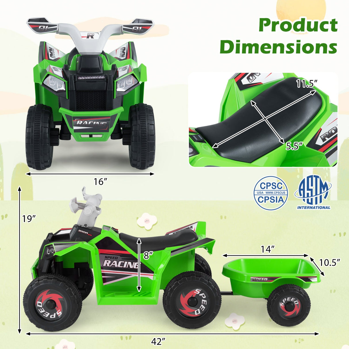 Coche quad eléctrico infantil de 6V con remolque desmontable