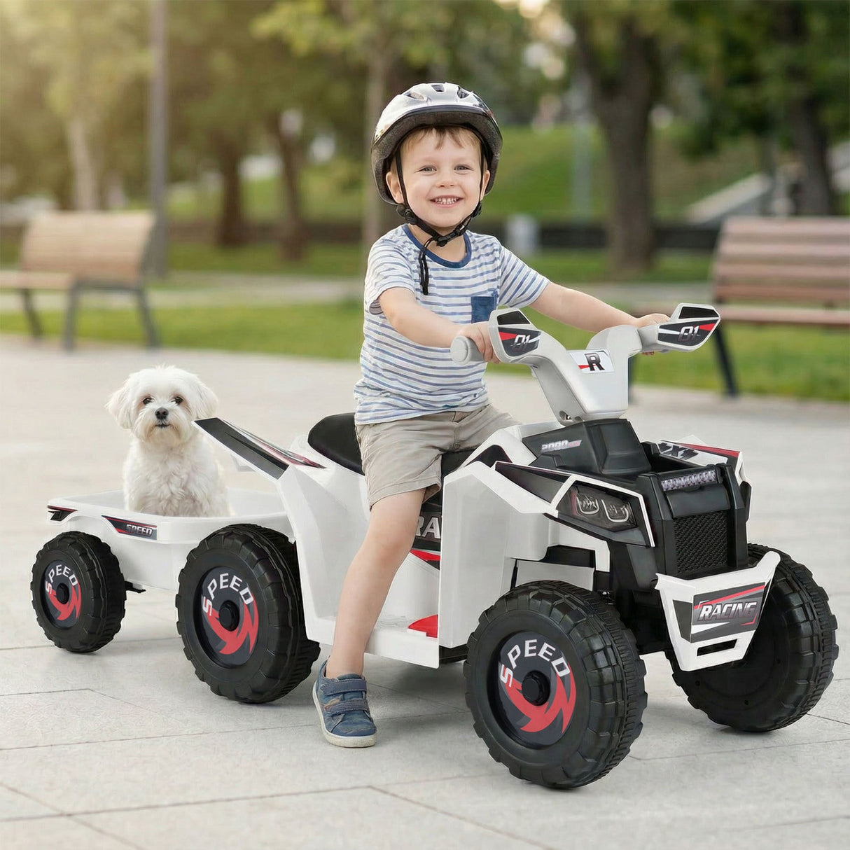 Coche quad eléctrico infantil de 6V con remolque desmontable