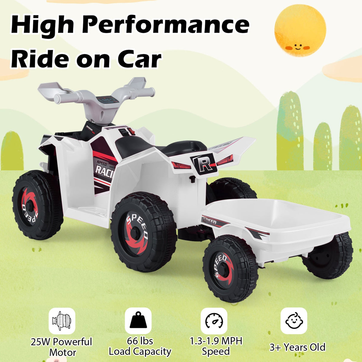 Coche quad eléctrico infantil de 6V con remolque desmontable