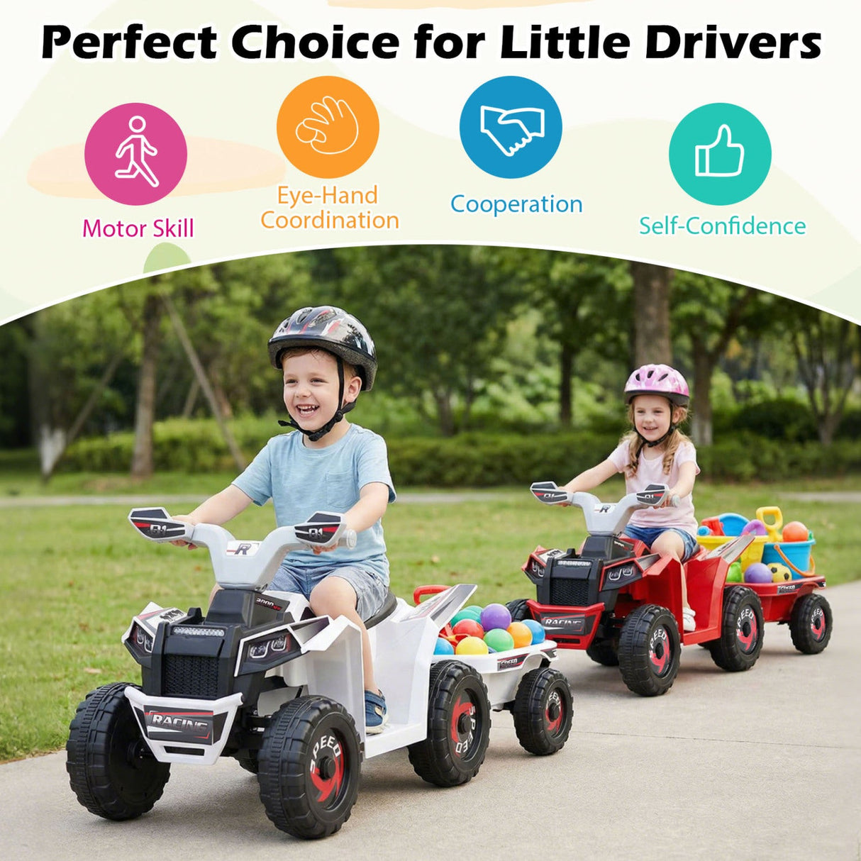Coche quad eléctrico infantil de 6V con remolque desmontable